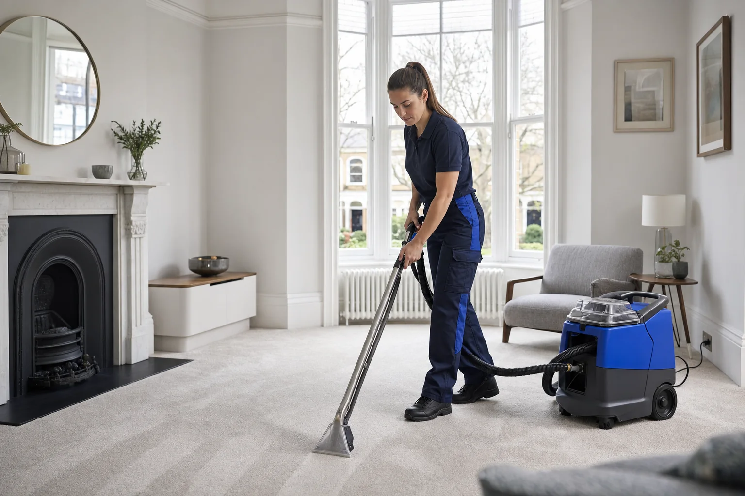 Female carpet cleaner victorian living room