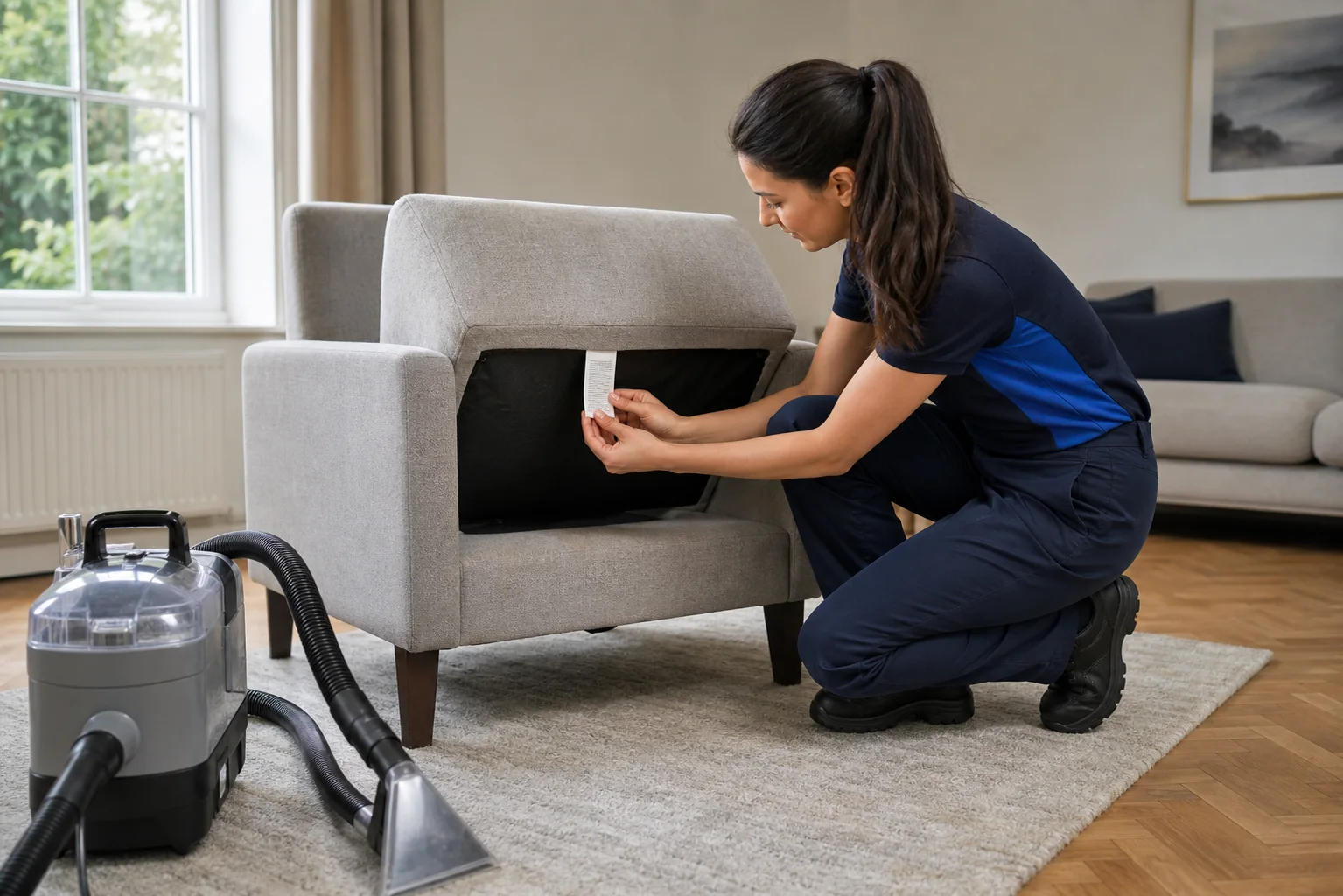 Female technician armchair care label check