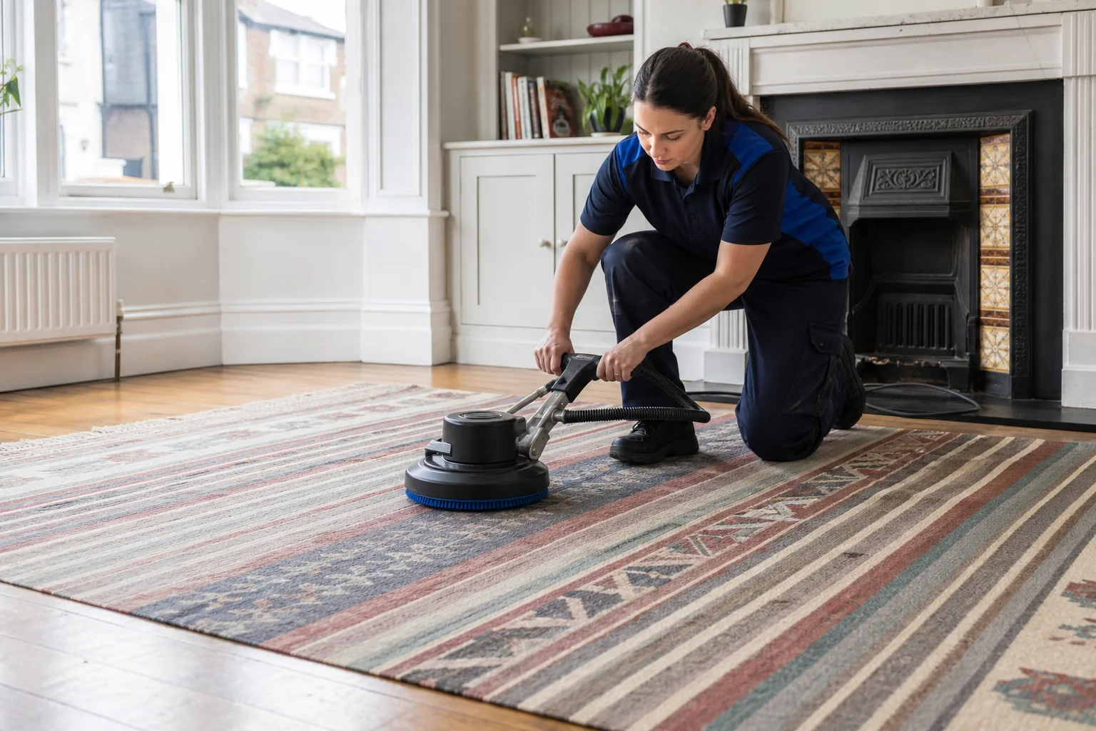 Female technician flatweave rug cleaning