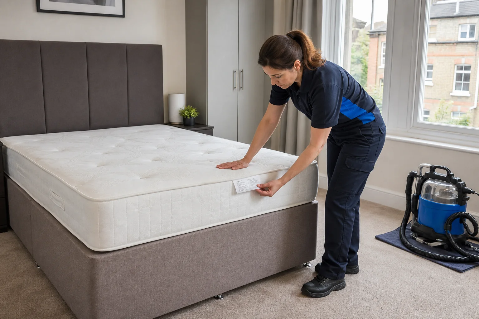 Female technician mattress inspection
