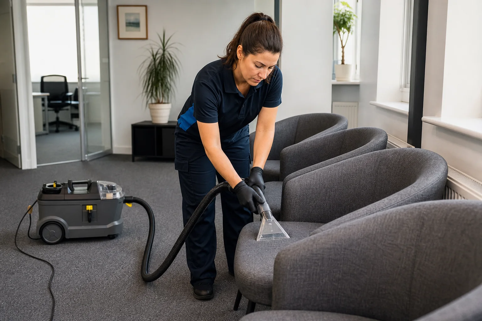 Female technician office chair cleaning
