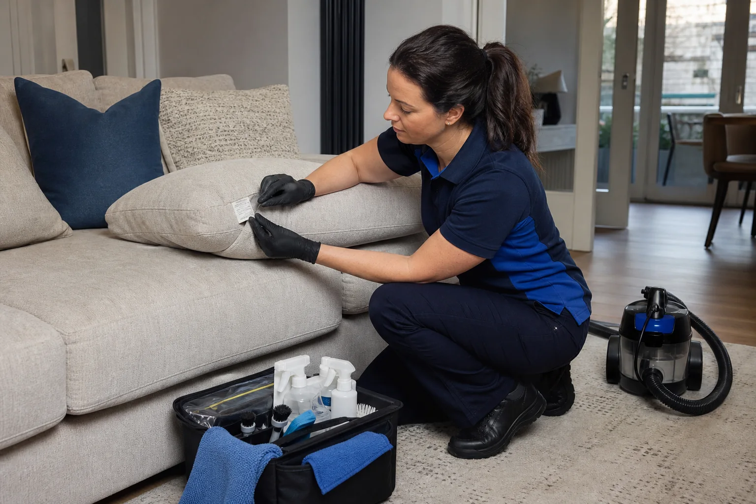 Female technician sofa fabric inspection