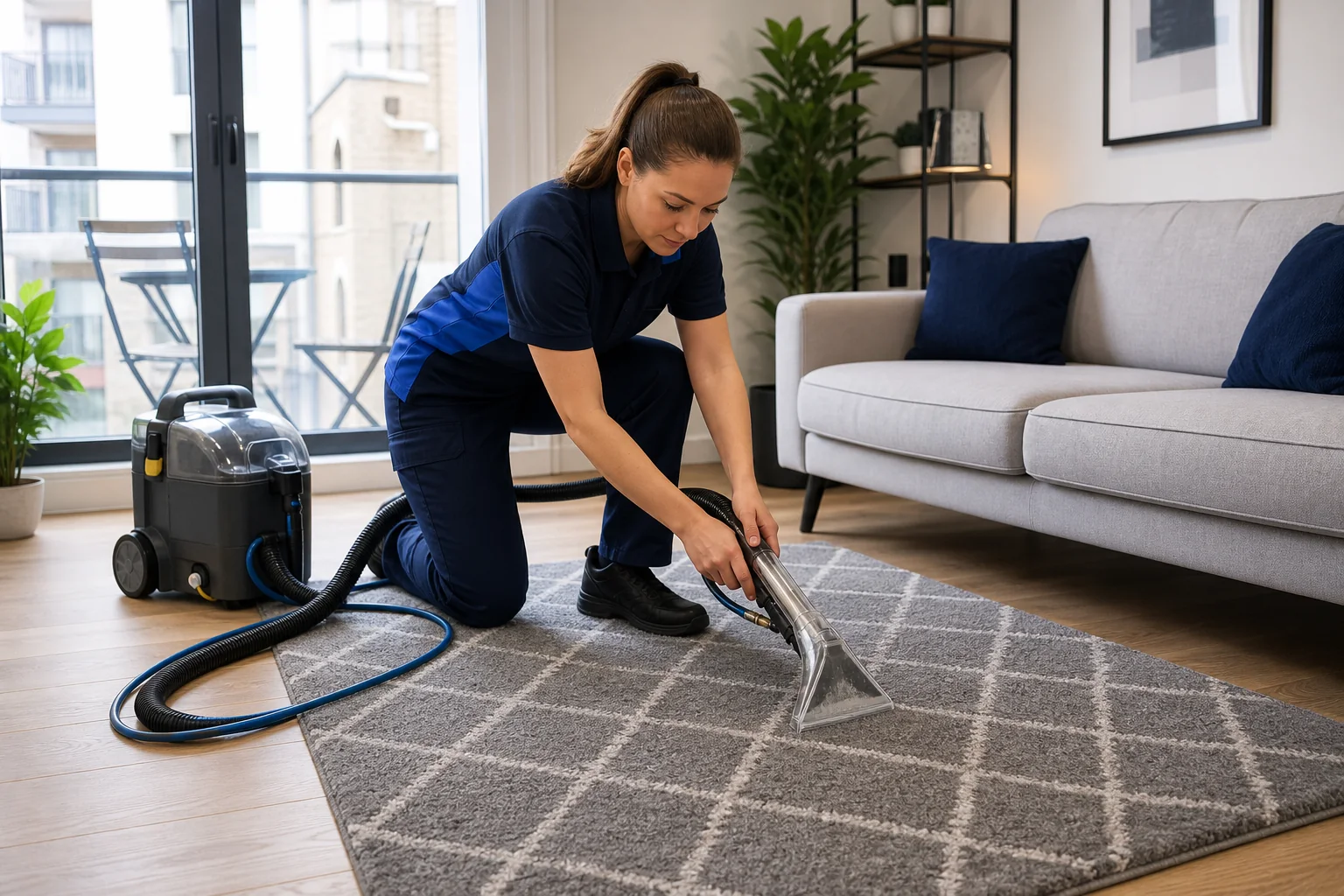 Female technician synthetic rug cleaning
