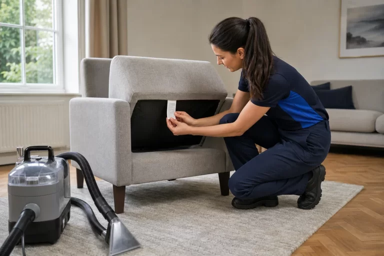 Female technician armchair care label check