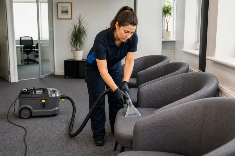 Female technician office chair cleaning