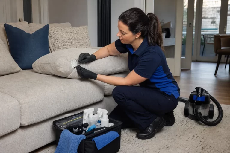 Female technician sofa fabric inspection
