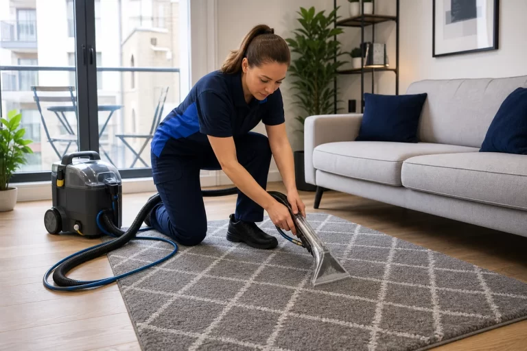 Female technician synthetic rug cleaning